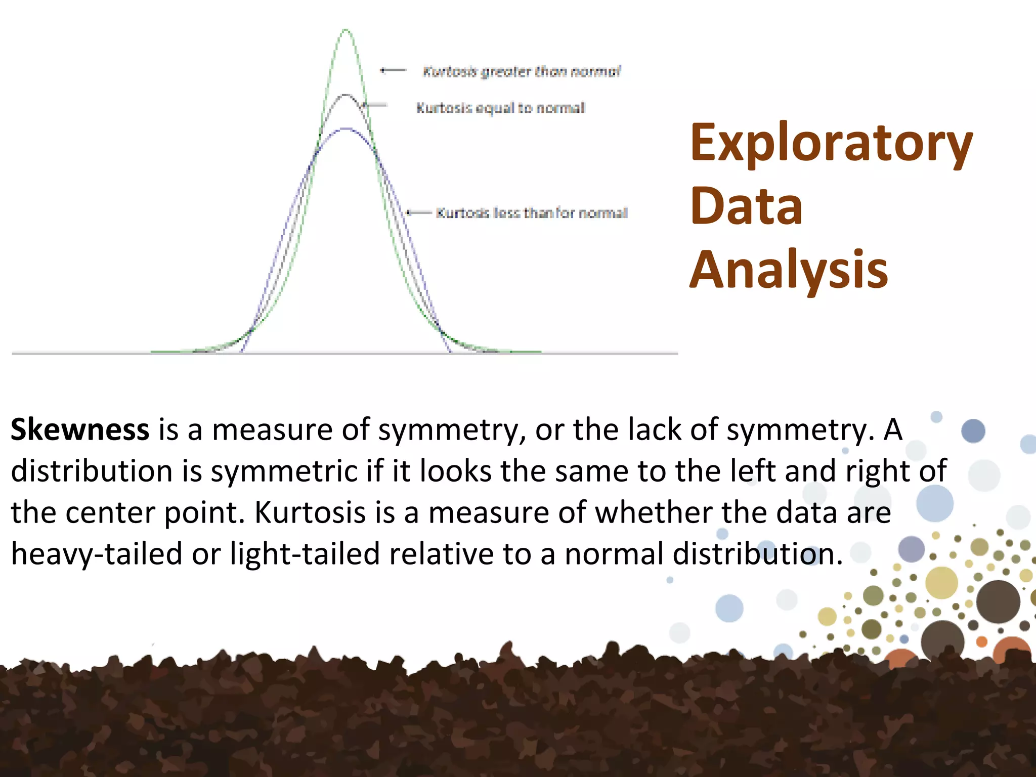 Exploratory
Data
Analysis
Skewness is a measure of symmetry, or the lack of symmetry. A
distribution is symmetric if it looks the same to the left and right of
the center point. Kurtosis is a measure of whether the data are
heavy-tailed or light-tailed relative to a normal distribution.
 