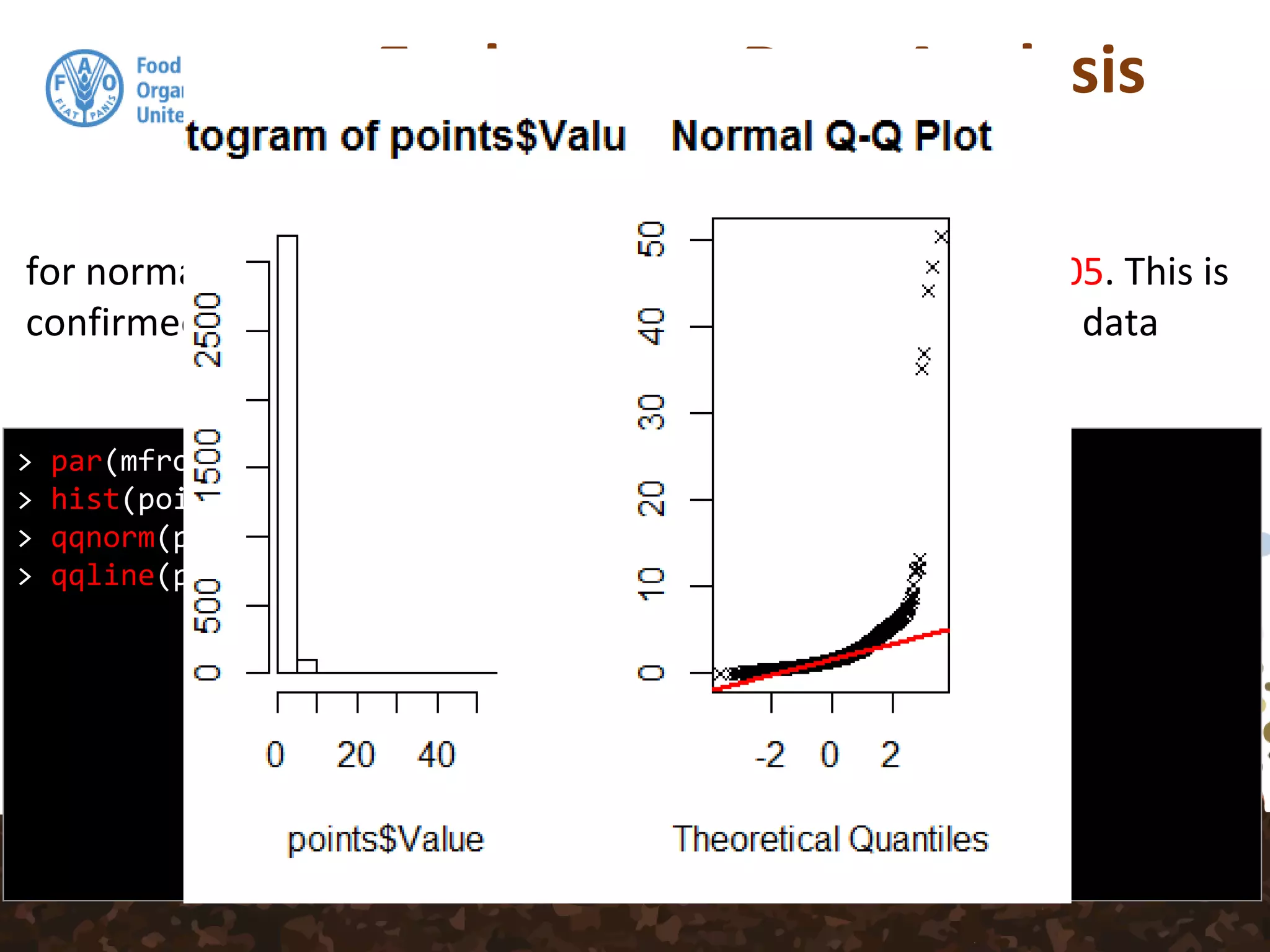 Exploratory Data Analysis
for normally distributed data the p value should be > than 0.05. This is
confirmed when we look at the histogram and qq-plot of this data
> par(mfrow = c(1, 2))
> hist(points$Value)
> qqnorm(points$Value, plot.it = TRUE, pch = 4, cex = 0.7)
> qqline(points$Value, col = "red", lwd = 2)
 