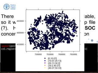 Spatial Data Frame
spplot(pointdata, "Value", scales = list(draw = T), cuts = 5,
col.regions = bpy.colors(cutoff.tails = 0.1,alpha = 1), cex = 1)
There are other plotting options available,
so it will be helpful to consult the help file
(?). Here, we are plotting the SOC
concentration measured at each location
 
