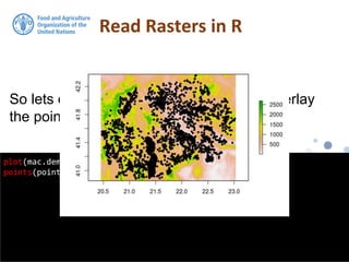 So lets do a quick plot of this raster and overlay
the point locations
Read Rasters in R
plot(mac.dem)
points(points, pch = 20)
 