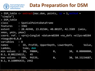 Data Preparation for DSM
> DSM_table <- extract(mac.dem, points, sp = 1,method =
"simple")
> DSM_table
class : SpatialPointsDataFrame
features : 3302
extent : 20.46948, 23.01584, 40.88197, 42.3589 (xmin,
xmax, ymin, ymax)
coord. ref. : +proj=longlat +datum=WGS84 +no_defs +ellps=WGS84
+towgs84=0,0,0
variables : 8
names : ID, ProfID, UpperDepth, LowerDepth, Value,
Lambda, tsme, dem
min values : 10, P0004, 0, 30, 0.00000000,
0.1, 0.002250115, 45
max values : 999, P6539, 0, 30, 50.33234687,
0.1, 0.160096433, 2442
 
