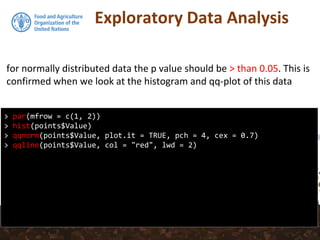 Exploratory Data Analysis
for normally distributed data the p value should be > than 0.05. This is
confirmed when we look at the histogram and qq-plot of this data
> par(mfrow = c(1, 2))
> hist(points$Value)
> qqnorm(points$Value, plot.it = TRUE, pch = 4, cex = 0.7)
> qqline(points$Value, col = "red", lwd = 2)
 