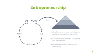8
Entrepreneurship
• Small merchants today can become
our largest merchants tomorrow.
• Completeness, reduced complexity,
and ease of use.
• Leaves little room for disruption
from below.
DID IT WORK? YES
NO
IDEA
BUILD
 