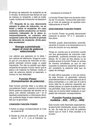 ES
22
El tiempo de detección de recipiente es de
3 minutos. Si transcurre ese tiempo sin que
se coloque un recipiente, o éste es inade-
cuado, la placa de inmducción se desactiva.
Después de su uso, desconecte
siempre la placa de inducción, no se
limite a retirar el recipiente. En caso
contrario podría producirse un funcio-
namiento indeseado de la placa si,
inadvertidamente, se colocara otro
recipiente sobre ella durante el periodo
de detección de recipiente. ¡Evite posi-
bles accidentes!
Energía suministrada
según el nivel de potencia
seleccionado
Los valores que aparecen en la tabla 1
son valores de referencia. Tenga en cuen-
ta que en una placa de inducción el reci-
piente colocado encima juega un papel
importante. Por ello es posible que algún
recipiente de tamaño mucho menor que la
placa o de material no habitual, reciba un
valor de potencia distinto al esperado, o
incluso no sea detectado.
Función Power
(Concentración de potencia)
Esta función permite dotar a la placa de
una potencia "extra", superior a la nominal.
Dicha potencia depende del tamaño de la
placa, (ver valores indicados con * en el
apartado presentación e información técni-
ca), pudiendo llegar al valor máximo permi-
tido por el generador.
CONEXIÓN FUNCIÓN POWER
1 Active la placa correspondiente al nivel
de potencia 9.
2 Desde el nivel de potencia 9, pulse el
sensor ó , y en el indicador se
visualizará el símbolo P.
La función Power tiene una duración máxi-
ma de 10 minutos. Transcurrido este tiem-
po el nivel de potencia se ajustará auto-
máticamente al nivel 9.
DESCONEXIÓN FUNCIÓN POWER
La función Power se puede desconectar
pulsando el sensor ó asociado a
esa placa.
También puede desconectarse automáti-
camente la función si la temperatura en la
zona de cocción es muy elevada.
Tenga en cuenta que la encimera cuenta
con dos generadores de inducción inde-
pendientes, pudiendo controlar una o dos
placas. En el caso de dos placas no es
posible activar la función Power en ambas
de manera simultánea ya que en ese
supuesto la potencia requerida al genera-
dor excedería la potencia total que es
capaz de entregar.
En este último supuesto, y una vez activa-
da esta función, el generador reducirá
automáticamente el nivel de potencia de la
placa compartida a un valor por el cuál la
suma total de la potencia requerida por
ambas placas no supere la potencia máxi-
ma permitida. Este nuevo valor será mos-
trado por el control táctil mediante un par-
padeo del indicador correspondiente.
Función Fondue (excepto
modelos ...632, ...612 y ...642)
Esta función está destinada especialmen-
te para fundir mantequilla, queso, chocola-
te, etc. Se trata de un nivel de potencia
menor que el nivel 1. Para acceder a la
función:
 