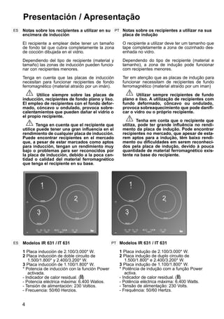4
Modelos IR 631 / IT 631
1 Placa inducción de 2.100/3.000* W.
2 Placa inducción de doble circuito de
1.500/1.800* y 2.400/3.200* W.
3 Placa inducción de 1.100/1.800* W.
* Potencia de inducción con la función Power
activada.
- Indicador de calor residual. (H)
- Potencia eléctrica máxima: 6.400 Watios.
- Tensión de alimentación: 230 Voltios.
- Frecuencia: 50/60 Herzios.
ES PT
Presentación / Apresentação
Modelos IR 631 / IT 631
1 Placa indução de 2.100/3.000* W.
2 Placa indução de duplo circuito de
1.500/1.800* e 2.400/3.200* W.
3 Placa indução de 1.100/1.800* W.
* Potência de indução com a função Power
activa.
- Indicador de calor residual. (H)
- Potência eléctrica máxima: 6.400 Watts.
- Tensão de alimentação: 230 Volts.
- Frequência: 50/60 Hertzs.
Notas sobre los recipientes a utilizar en su
encimera de inducción
El recipiente a emplear debe tener un tamaño
de fondo tal que cubra completamente la zona
de cocción dibujada en el vidrio.
Dependiendo del tipo de recipiente (material y
tamaño) las zonas de inducción pueden funcio-
nar con recipientes menores.
Tenga en cuenta que las placas de inducción
necesitan para funcionar recipientes de fondo
ferromagnético (material atraído por un imán).
Utilice siempre sobre las placas de
inducción, recipientes de fondo plano y liso.
El empleo de recipientes con el fondo defor-
mado, cóncavo u ondulado, provoca sobre-
calentamientos que pueden dañar el vidrio o
el propio recipiente.
Tenga en cuenta que el recipiente que
utilice puede tener una gran influencia en el
rendimiento de cualquier placa de inducción.
Puede encontrar recipientes en el mercado
que, a pesar de estar marcados como aptos
para inducción, tengan un rendimiento muy
bajo o problemas para ser reconocidos por
la placa de inducción, debido a la poca can-
tidad o calidad del material ferromagnético
que tenga el recipiente en su base.
ES PT Notas sobre os recipientes a utilizar na sua
placa de indução
O recipiente a utilizar deve ter um tamanho que
tape completamente a zona de cozinhado des-
enhada no vidro.
Dependendo do tipo de recipiente (material e
tamanho), a zona de indução pode funcionar
com recipientes menores.
Ter em atenção que as placas de indução para
funcionar necessitam de recipientes de fundo
ferromagnético (material atraído por um iman)
Utilizar sempre recipientes de fundo
plano e liso. A utilização de recipientes com
fundo deformado, côncavo ou ondulado,
provoca sobreaquecimiento que pode danifi-
car o vidro ou o próprio recipiente.
Tenha em conta que o recipiente que
utiliza, pode ter grande influência no rendi-
mento da placa de indução. Pode encontrar
recipientes no mercado, que apesar de esta-
rem aptos para a indução, têm baixo rendi-
mento ou dificuldades em serem reconheci-
dos pela placa de indução, devido à pouca
quantidade de material ferromagnético exis-
tente na base do recipiente.
1
2
3
1
2
3
 