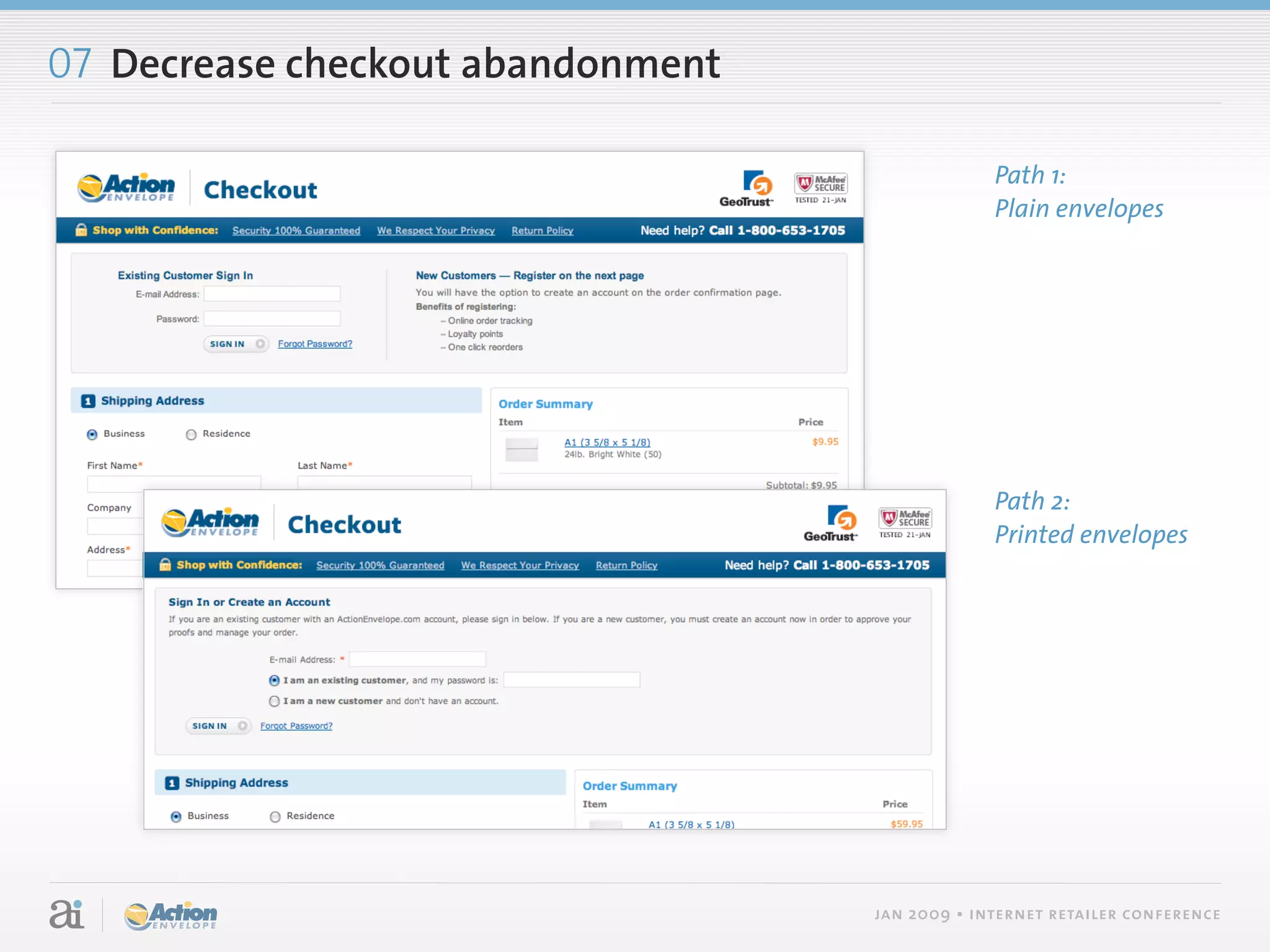 07 Decrease checkout abandonment

                                                Path 1:
                                                Plain envelopes




                                                Path 2:
                                                Printed envelopes




                                   jan 2009 • internet retailer conference
 