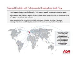 13
Financial Flexibility with Full Access to Growing Free Cash Flow
Aon has significant financial flexibility with access to cash generated around the globe
 Compared to select industry peers or other US-based global firms, Aon does not have large pools
of trapped international cash balances
 Cash generated around the globe can be brought back to the UK without any adverse
consequences to be used for capital deployment decisions and returned to shareholders
The UK’s territorial tax
system only taxes
income within that
country’s borders,
allowing income earned
internationally to be
brought back without
adverse tax
consequences or
surcharges
 