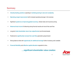 17
Summary
 Industry-leading positions operating in markets growing in size and complexity
 Operating margin improvement with increased operating leverage in the business
 Significant upside to an improving global economy, interest rates and insurance pricing
 Historical track record of delivering strong financial results and record free cash flow
 Long-term total shareholder return has outperformed over the last decade
 Positioned to significantly increase free cash flow generation going forward
 Strong balance sheet with opportunity for additional leverage further increasing cash available
 Financial flexibility and effective capital allocation expected to drive…
….significant shareholder value creation
 