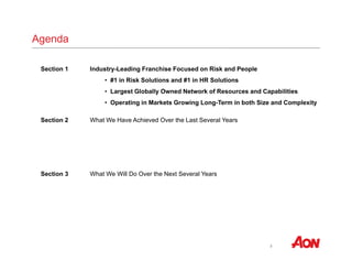 3 
Agenda 
Section 1 Industry-Leading Franchise Focused on Risk and People 
• #1 in Risk Solutions and #1 in HR Solutions 
• Largest Globally Owned Network of Resources and Capabilities 
• Operating in Markets Growing Long-Term in both Size and Complexity 
Section 2 What We Have Achieved Over the Last Several Years 
Section 3 What We Will Do Over the Next Several Years 
 