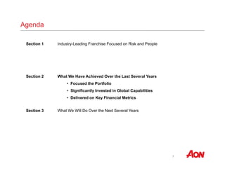 7 
Agenda 
Section 1 Industry-Leading Franchise Focused on Risk and People 
Section 2 What We Have Achieved Over the Last Several Years 
• Focused the Portfolio 
• Significantly Invested in Global Capabilities 
• Delivered on Key Financial Metrics 
Section 3 What We Will Do Over the Next Several Years 
 
