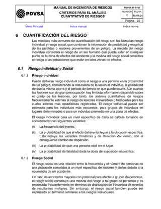 REVISION FECHA
MANUAL DE INGENIERÍA DE RIESGOS
CRITERIOS PARA EL ANÁLISIS
CUANTITATIVO DE RIESGOS MAR.042
PDVSA IR–S–02
Página 23
Menú Principal Indice manual Indice norma
PDVSA
6 CUANTIFICACIÓN DEL RIESGO
Las medidas más comunes de cuantificación del riesgo son las llamadas riesgo
individual y riesgo social, que combinan la información de posibilidad y magnitud
de las pérdidas o lesiones provenientes de un peligro. La medida del riesgo
individual considera el riesgo de un ser humano que pueda estar en cualquier
punto de la zona de efectos del accidente y la medida del riesgo social considera
el riesgo a las poblaciones que están en tales zonas de efectos.
6.1 Riesgo Individual y Social
6.1.1 Riesgo Individual
Puede definirse riesgo individual como el riesgo a una persona en la proximidad
de un peligro, considerando la naturaleza de la lesión al individuo, la posibilidad
de que la misma ocurra y el período de tiempo en que puede ocurrir. Aún cuando
las lesiones son de gran preocupación hay limitada información disponible sobre
el grado de las lesiones, por tanto, los análisis cuantitativos de riesgos
frecuentemente estiman el riesgo de lesiones irreversibles o fatalidades para las
cuales existen más estadísticas registradas. El riesgo individual puede ser
estimado para los individuos más expuestos, para grupos de individuos en
lugares determinados o para un individuo promedio en una zona de efectos.
El riesgo individual para un nivel específico de daño se calcula tomando en
consideración las siguientes variables:
(i) La frecuencia del evento.
(ii) La probabilidad de que el efecto del evento llegue a la ubicación específica.
Esto incluye las variables climáticas y de dirección del viento, con el
consiguiente cambio de dispersión.
(iii) La probabilidad de que una persona esté en el lugar.
(iv) La probabilidad de fatalidad dada la dosis de exposición específica.
6.1.2 Riesgo Social
El riesgo social es una relación entre la frecuencia y el número de personas de
una población sometidas a un nivel específico de lesiones y daños debido a la
ocurrencia de un accidente.
En caso de accidentes mayores con potencial para afectar a grupos de personas,
el riesgo social constituye una medida del riesgo a tal grupo de personas y es
expresado frecuentemente en términos de distribución de frecuencia de eventos
de resultantes múltiples. Sin embargo, el riesgo social también puede ser
expresado en términos similares a los riesgos individuales.
 