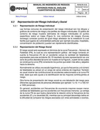 REVISION FECHA
MANUAL DE INGENIERÍA DE RIESGOS
CRITERIOS PARA EL ANÁLISIS
CUANTITATIVO DE RIESGOS MAR.042
PDVSA IR–S–02
Página 29
Menú Principal Indice manual Indice norma
PDVSA
6.3 Representación del Riesgo Individual y Social
6.3.1 Representación de Riesgo Individual
Las formas comunes de presentación del riesgo individual son los dibujos y
gráficos de contorno de riesgo y los perfiles de riesgos individuales. El gráfico de
contorno de riesgo muestra estimados de riesgos individuales en puntos
específicos sobre un mapa (Figura 5). Los contornos de riesgos (Curvas
Isoriesgo) conectan puntos de igual riesgo alrededor de la instalación lo cual
facilita que lugares de vulnerabilidad particular (por ejemplo escuelas, hospitales,
concentración de población) puedan ser rápidamente identificadas.
6.3.2 Representación del Riesgo Social
El riesgo social será expresado en términos de la curva Frecuencia – Número de
Fatalidad (FN), la cual es una representación gráfica del riesgo tomando en
cuenta la frecuencia (F) de un accidente versus la cantidad de fatalidades
expresadas para ese accidente (N). El resultado de esta representación es una
serie de puntos discretos tal como se muestra en la Figura 6., a partir de los cuales
se construye la curva (FN) conectando los puntos que están más altos y alejados
hacia la derecha.
Normalmente se utiliza una escala logarítmica, ya que la frecuencia y el número
de fatalidades se ubican en un rango de varios ordenes de magnitud. También
es usual mostrar las contribuciones de accidentes seleccionados a la curva FN
total, dado que esto ayuda a la identificación de los mayores contribuyentes al
riesgo.
Otra forma de presentación del riesgo social es una tabulación del riesgo para
diferentes agrupaciones de personas afectadas (por ejemplo 1 a 10; 11 a 100;101
a 1000 personas).
En general, accidentes con frecuencias de ocurrencia mayores causan menor
cantidad de fatalidades que los accidentes con frecuencias menores. La ventaja
de la curva FN es que ilustra claramente la relación entre la frecuencia de los
accidentes (F) y su severidad (N), mientras que su principal desventaja radica en
la dificultad de comparar los riesgos asociados con otras actividades o eventos.
 