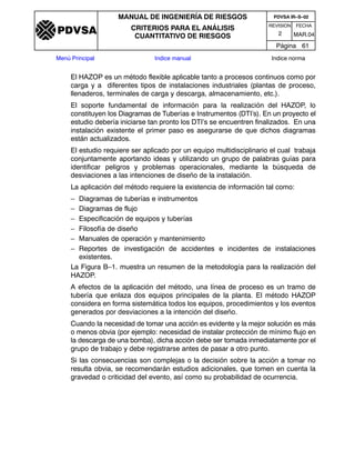 REVISION FECHA
MANUAL DE INGENIERÍA DE RIESGOS
CRITERIOS PARA EL ANÁLISIS
CUANTITATIVO DE RIESGOS MAR.042
PDVSA IR–S–02
Página 61
Menú Principal Indice manual Indice norma
PDVSA
El HAZOP es un método flexible aplicable tanto a procesos continuos como por
carga y a diferentes tipos de instalaciones industriales (plantas de proceso,
llenaderos, terminales de carga y descarga, almacenamiento, etc.).
El soporte fundamental de información para la realización del HAZOP, lo
constituyen los Diagramas de Tuberías e Instrumentos (DTI’s). En un proyecto el
estudio debería iniciarse tan pronto los DTI’s se encuentren finalizados. En una
instalación existente el primer paso es asegurarse de que dichos diagramas
están actualizados.
El estudio requiere ser aplicado por un equipo multidisciplinario el cual trabaja
conjuntamente aportando ideas y utilizando un grupo de palabras guías para
identificar peligros y problemas operacionales, mediante la búsqueda de
desviaciones a las intenciones de diseño de la instalación.
La aplicación del método requiere la existencia de información tal como:
– Diagramas de tuberías e instrumentos
– Diagramas de flujo
– Especificación de equipos y tuberías
– Filosofía de diseño
– Manuales de operación y mantenimiento
– Reportes de investigación de accidentes e incidentes de instalaciones
existentes.
La Figura B–1. muestra un resumen de la metodología para la realización del
HAZOP.
A efectos de la aplicación del método, una línea de proceso es un tramo de
tubería que enlaza dos equipos principales de la planta. El método HAZOP
considera en forma sistemática todos los equipos, procedimientos y los eventos
generados por desviaciones a la intención del diseño.
Cuando la necesidad de tomar una acción es evidente y la mejor solución es más
o menos obvia (por ejemplo: necesidad de instalar protección de mínimo flujo en
la descarga de una bomba), dicha acción debe ser tomada inmediatamente por el
grupo de trabajo y debe registrarse antes de pasar a otro punto.
Si las consecuencias son complejas o la decisión sobre la acción a tomar no
resulta obvia, se recomendarán estudios adicionales, que tomen en cuenta la
gravedad o criticidad del evento, así como su probabilidad de ocurrencia.
 
