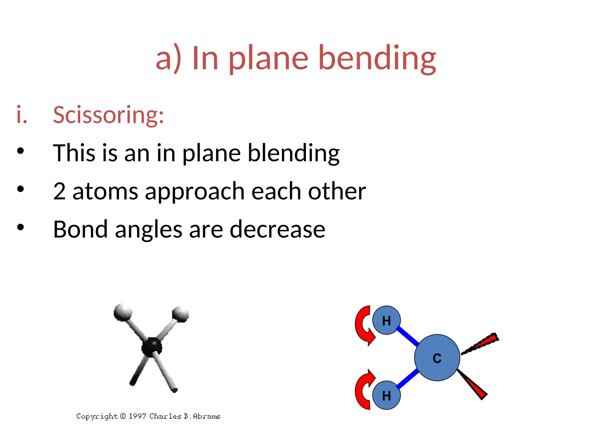 a) In plane bending
i. Scissoring:
• This is an in plane blending
• 2 atoms approach each other
• Bond angles are decrease
H
H
C
C
 