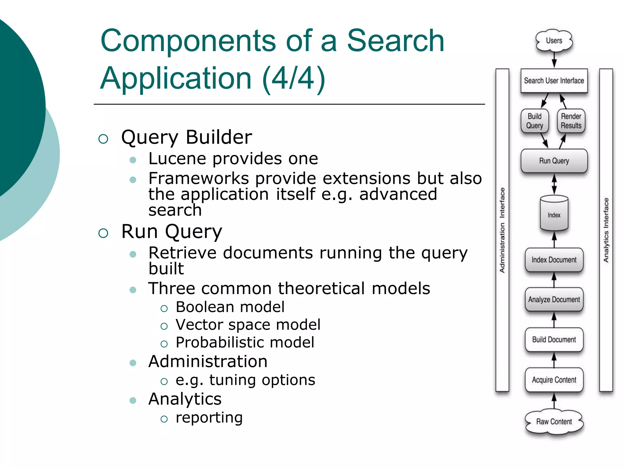 Components of a Search
Application (4/4)


Query Builder





Lucene provides one
Frameworks provide extensions but also
the application itself e.g. advanced
search

Run Query



Retrieve documents running the query
built
Three common theoretical models






Administration




Boolean model
Vector space model
Probabilistic model
e.g. tuning options

Analytics


reporting

 