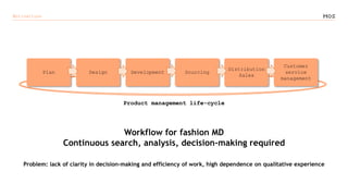 Motivations
Plan Design Development Sourcing
Distribution
Sales
Customer
service
management
Workflow for fashion MD
Continuous search, analysis, decision-making required
Product management life-cycle
Problem: lack of clarity in decision-making and efficiency of work, high dependence on qualitative experience
 