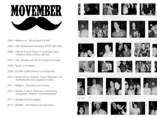 2003 - Melbourne: ‘Bring Back the Mo’ 
2004 - 480 Mobros and Mosistas (PCFA $54,000) 
2006 - Official Charity Status in Australia, New 
Zealand, Beyond Blue, ($10m) 
2007 - US, Canada and UK (73 projects funded) 
2008 - Spain and Ireland 
2009 - $106M, 630K Mobros and Mosistas 
2010 - South Africa, Finland, Czech Republic, the 
Netherlands (352 projects funded) 
2011 - Belgium, Denmark and Norway 
2012 - Austria, France, Germany, Hong Kong, 
Singapore, Sweden and Switzerland 
2012 - Google Chrome advert 
2013 - $580M, >4M Mobros and Mosistas 
 