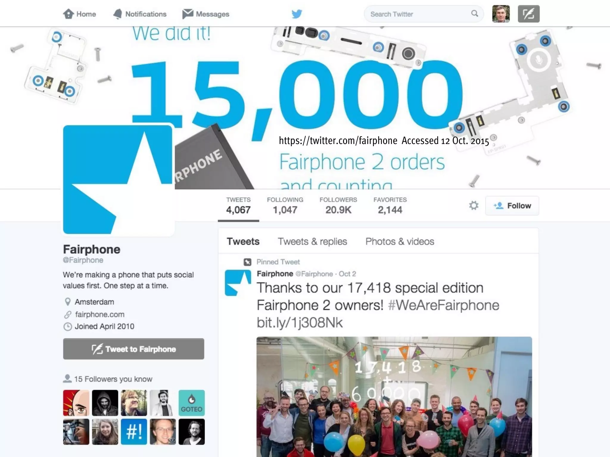 https://twitter.com/fairphone Accessed 12 Oct. 2015
 