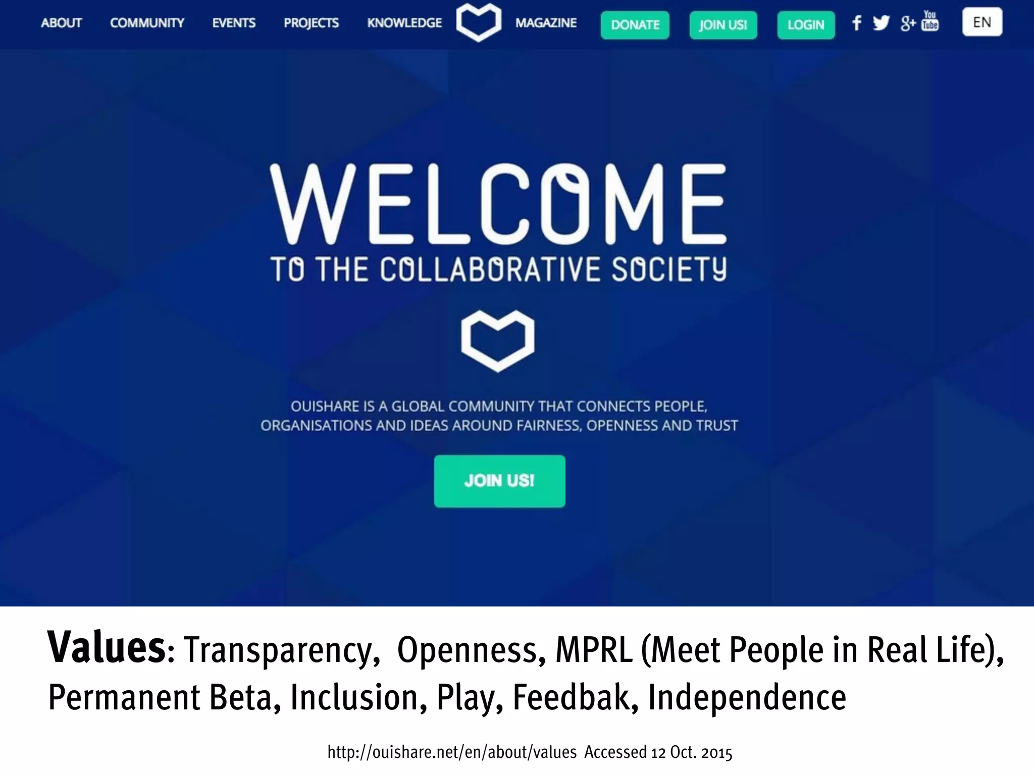 Values: Transparency, Openness, MPRL (Meet People in Real Life),
Permanent Beta, Inclusion, Play, Feedbak, Independence
http://ouishare.net/en/about/values Accessed 12 Oct. 2015
 