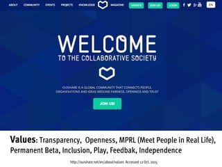 Values: Transparency, Openness, MPRL (Meet People in Real Life),
Permanent Beta, Inclusion, Play, Feedbak, Independence
http://ouishare.net/en/about/values Accessed 12 Oct. 2015
 