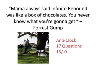 "Mama always said lnfinite Rebound was like a box of chocolates. You never know what you're gonna get.“ – Forrest Gump  Anti-Clock 17 Questions 15/-0 