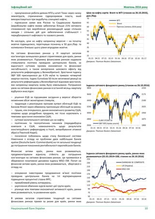 Інфляційний звіт Жовтень 2016 року
Національний банк України 10
Ціни на нафту сортів Brent та WTI (станом на 26.10.2016),
дол./бар.
Джерело: Thomson Reuters Datastream.
Індекси світового фондового ринку (станом на 26.10.2016)
Джерело: Thomson Reuters Datastream
Індекси світового фондового ринку країн, ринки яких
розвиваються (01.01.2014=100, станом на 26.10.2016)
Джерело: Thomson Reuters Datastream
25
30
35
40
45
50
55
60
65
70
01.15 04.15 07.15 10.15 01.16 04.16 07.16 10.16 01.17
WTI
Brent
Прогноз (липень 2016 року)
1800
1875
1950
2025
2100
2175
2250
2650
2850
3050
3250
3450
3650
3850
01.15 04.15 07.15 10.15 01.16 04.16 07.16 10.16
EURO STOXX 50
S&P 500 (права шкала)
50
70
90
110
130
150
170
190
210
230
250
01.15 04.15 07.15 10.15 01.16 04.16 07.16 10.16
SHANGHAI SE COMPOSITE
UX (Україна)
MSCI EM
 призупинення роботи деяких НПЗ у штаті Техас через низку
землетрусів, спричинених гідророзривом пласта, який
використовується при видобутку сланцевої нафти;
 підписання заяви між Росією та Саудівською Аравією
(виробництво нафти якими забезпечує більше 21% світового
споживання) про вироблення рекомендацій щодо спільних
заходів і спільних дій для забезпечення стабільності і
передбачуваності нафтового та газового ринків.
Як наслідок, ціни на нафту наприкінці вересня – на початку
жовтня підвищилися, перетнувши позначку в 50 дол./бар. та
коливалися близько цього рівня впродовж жовтня.
На світових фінансових ринках у ІІІ кварталі загалом
кон’юнктура залишалася доволі сприятливою для країн, ринки
яких розвиваються. Підтримку фінансовим ринкам надавали
стимулююча політика провідних центральних банків, за
відсутності суттєвих проявів економічної та фінансової
нестабільності, а також вичерпання шокового ефекту від
результатів референдуму у Великобританії. Зростання індексу
S&P 500 прискорилося до 4.1% кв/кв та тривало четвертий
квартал поспіль. Індекс Eurostoxx 50 після негативної реакції на
результати референдуму у Великобританії відновив зростання,
яке наприкінці кварталу знову було нівельовано. Погіршення
умов на світових фінансових ринках в останній місяць кварталу
відбулося внаслідок:
 рішення ЄЦБ за підсумками засідання у вересні зберегти
незмінним обсяг монетарних стимулів;
 труднощів з реалізацією програм купівлі облігацій ЄЦБ та
Банком Японії через обмежену пропозицію облігацій на ринку;
 гірших, ніж очікувалося, даних економічного розвитку США,
зокрема щодо роздрібних продажів, які тісно корелюють з
темпами зростання економіки США;
 суттєвої волатильності світових цін на нафту;
 політичних та геополітичних чинників (передвиборча
компанія в США, невизначеність щодо результатів
конституційного референдуму в Італії, випробування атомної
зброї в Північній Кореї);
 посилення побоювань щодо стану банківської системи
Німеччини з огляду на проблеми двох найбільших банків
країни (Deutsche bank і Сommerzbank) на тлі загальної тенденції
до погіршення показників рентабельності європейських банків.
Фінансові активи країн, ринки яких розвиваються,
продемонстрували відносну стійкість до погіршення
кон’юнктури на світових фінансових ринках. Це проявилося в
збереженні позитивної динаміки індексу MSCI EM. Попит на
фінансові активи країн, ринки яких розвиваються, зберігався з
огляду на:
 очікування інвесторами продовження м’якої політики
провідних центральних банків на тлі відтермінування
підвищення процентної ставки ФРС;
 привабливий рівень котирувань;
 укріплення обмінних курсів валют цієї групи країн;
 різницю між темпами економічної активності країн, ринки
яких розвиваються, та розвинених країн.
В умовах загалом сприятливих тенденцій на світових
фінансових ринках премія за ризик для країн, ринки яких
 