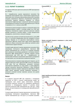 Інфляційний звіт Жовтень 2016 року
Національний банк України 19
Реальний ВВП, %
Джерело: ДССУ.
Внески категорій кінцевого споживання в річну зміну
реального ВВП, в. п.
Джерело: ДССУ; розрахунки НБУ.
Індекс виробництва базових галузей та реальний ВВП,
% річна зміна
Джерело: ДССУ; розрахунки НБУ.
0.6
1.4
-18
-9
0
9
-6
-3
0
3
II.12 IV.12 II.13 IV.13 II.14 IV.14 II.15 IV.15 II.16
Порівняно з попереднім кварталом, сезонно скориговані дані
Річна зміна (права шкала)
5.7
-25
-20
-15
-10
-5
0
5
10
15
II.12 IV.12 II.13 IV.13 II.14 IV.14 II.15 IV.15 II.16
Споживання Інвестиції
Зміна запасів Чистий експорт
ВВП, % річна зміна
-25
-20
-15
-10
-5
0
5
10
I.12 III.12 I.13 III.13 I.14 III.14 I.15 III.15 I.16 III.16
ІВБГ ВВП
2.2.2. ПОПИТ ТА ВИПУСК
У II кварталі 2016 року зростання реального ВВП прискорилося
до 1.4% р/р.
Як і передбачалося, рушієм відновлення економіки був
внутрішній інвестиційний попит. Сприятливим підґрунтям для
інвестицій стало поліпшення фінансових результатів та ділових
очікувань підприємств. Водночас спостерігалося збільшення
капітальних видатків зведеного бюджету на об’єкти
транспортної інфраструктури. У результаті зростання валового
нагромадження основного капіталу прискорилося до 17.6% р/р
та зумовило 2.2 в. п. внеску в зміну ВВП.
Споживання домогосподарств уперше за тривалий період часу
продемонструвало приріст у річному вимірі (на 4.3% р/р).
Підтримку споживанню надали зростання реальних наявних
доходів населення в річному вимірі, а також використання
заощаджень, накопичених у минулих періодах.
Чистий експорт зумовив суттєвий від’ємний внесок у зміну ВВП
(3.5 в. п.), що було нехарактерно для цієї складової в останні
періоди. Зокрема на тлі зростання інвестиційного попиту,
підсиленого ефектом низької бази через вплив додаткового
імпортного збору в минулому році, майже до нульового рівня
сповільнилося падіння імпорту.
У розрізі видів діяльності рушієм відновлення економіки було
насамперед поліпшення товарообороту. Зростання ВДВ
торгівлі прискорилося до 7.1% р/р та, за нашими оцінками,
було зумовлено насамперед динамікою в оптовому сегменті.
Зростання ВДВ промисловості в звітному кварталі суттєво
сповільнилося (до 0.9% р/р). Як і передбачалося, на
промисловій активності позначилися транспортні ускладнення
на сході країни, що спостерігалися наприкінці кварталу.
Показники випуску в окремих видах діяльності свідчать, що в III
кварталі 2016 року темпи зростання ВВП істотно не змінилися
(1.6% р/р). Усе ще обмеженим залишався потенціал
транспортних перевезень на сході країни, а також відбулося
чергове посилення транзитних обмежень з боку Російської
Федерації. Водночас завдяки підвищенню врожайності обсяги
збору ранніх зернових культур виявилися високими. У
результаті активний експорт зернових культур став рушієм
оптової торгівлі.
Випуск
У II кварталі реальний ВВП зріс порівняно з попереднім
кварталом на 0.6% у сезонно скоригованому вимірі. Це
підтвердило наші оцінки щодо тимчасового характеру
негативних зовнішніх чинників, які стримували відновлення
економіки в попередньому кварталі. У річному вимірі
зростання реального ВВП прискорилося до 1.4% р/р – дещо
менше, ніж прогнозувалося в попередньому Інфляційному звіті
(1.6% р/р).
У розрізі видів діяльності рушієм відновлення економіки було
насамперед поліпшення товарообороту. Зростання ВДВ
торгівлі прискорилося до 7.1% р/р та, за нашими оцінками,
 