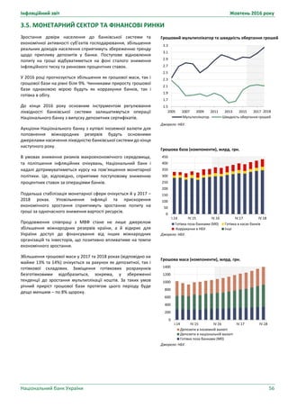 Інфляційний звіт Жовтень 2016 року
Національний банк України 56
Грошовий мультиплікатор та швидкість обертання грошей
Джерело: НБУ.
Грошова база (компоненти), млрд. грн.
Джерело: НБУ.
Грошова маса (компоненти), млрд. грн.
Джерело: НБУ.
1.5
1.7
1.9
2.1
2.3
2.5
2.7
2.9
3.1
3.3
2005 2007 2009 2011 2013 2015 2017
Мультиплікатор Швидкість обертання грошей
2018
0
50
100
150
200
250
300
350
400
450
І.14 IV.15 IV.16 IV.17 IV.18
Готівка поза банками (М0) Готівка в касах банків
Коррахунки в НБУ Інші
0
200
400
600
800
1000
1200
1400
І.14 IV.15 IV.16 IV.17 IV.18
Депозити в іноземній валюті
Депозити в національній валюті
Готівка поза банками (М0)
3.5. МОНЕТАРНИЙ СЕКТОР ТА ФІНАНСОВІ РИНКИ
Зростання довіри населення до банківської системи та
економічної активності суб’єктів господарювання, збільшення
реальних доходів населення сприятимуть збереженню тренду
щодо припливу депозитів у банки. Поступове відновлення
попиту на гроші відбуватиметься на фоні сталого зниження
інфляційного тиску та ринкових процентних ставок.
У 2016 році прогнозується збільшення як грошової маси, так і
грошової бази на рівні біля 9%. Чинниками приросту грошової
бази однаковою мірою будуть як коррахунки банків, так і
готівка в обігу.
До кінця 2016 року основним інструментом регулювання
ліквідності банківської системи залишатимуться операції
Національного банку з випуску депозитних сертифікатів.
Аукціони Національного банку з купівлі іноземної валюти для
поповнення міжнародних резервів будуть основними
джерелами насичення ліквідністю банківської системи до кінця
наступного року.
В умовах зниження ризиків макроекономічного середовища,
та поліпшення інфляційних очікувань, Національний банк і
надалі дотримуватиметься курсу на пом’якшення монетарної
політики. Це, відповідно, сприятиме поступовому зниженню
процентних ставок за операціями банків.
Подальша стабілізація монетарної сфери очікується й у 2017 ‒
2018 роках. Уповільнення інфляції та прискорення
економічного зростання сприятимуть зростанню попиту на
гроші за одночасного зниження вартості ресурсів.
Продовження співпраці з МВФ стане не лише джерелом
збільшення міжнародних резервів країни, а й відкриє для
України доступ до фінансування від інших міжнародних
організацій та інвесторів, що позитивно впливатиме на темпи
економічного зростання.
Збільшення грошової маси у 2017 та 2018 роках (відповідно на
майже 13% та 14%) очікується за рахунок як депозитної, так і
готівкової складових. Заміщення готівкових розрахунків
безготівковими відобразиться, зокрема, у збереженні
тенденції до зростання мультиплікації коштів. За таких умов
річний приріст грошової бази протягом цього періоду буде
дещо меншим – по 8% щороку.
 