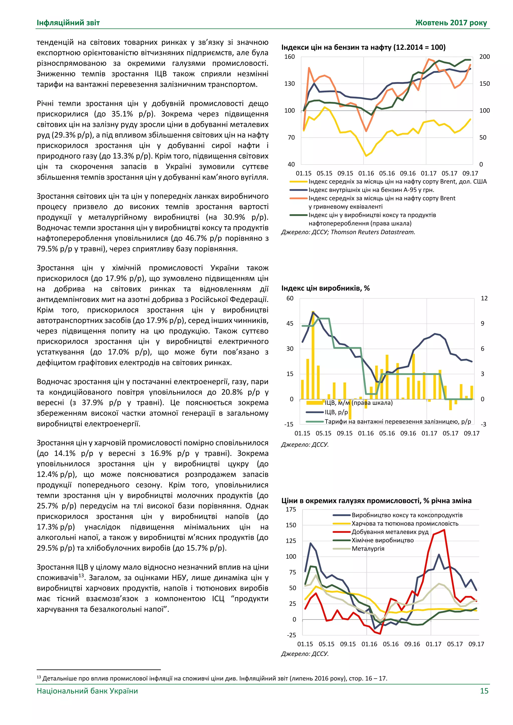 Інфляційний звіт Жовтень 2017 року
Національний банк України 15
тенденцій на світових товарних ринках у зв’язку зі значною
експортною орієнтованістю вітчизняних підприємств, але була
різноспрямованою за окремими галузями промисловості.
Зниженню темпів зростання ІЦВ також сприяли незмінні
тарифи на вантажні перевезення залізничним транспортом.
Річні темпи зростання цін у добувній промисловості дещо
прискорилися (до 35.1% р/р). Зокрема через підвищення
світових цін на залізну руду зросли ціни в добуванні металевих
руд (29.3% р/р), а під впливом збільшення світових цін на нафту
прискорилося зростання цін у добуванні сирої нафти і
природного газу (до 13.3% р/р). Крім того, підвищення світових
цін та скорочення запасів в Україні зумовили суттєве
збільшення темпів зростання цін у добуванні кам’яного вугілля.
Зростання світових цін та цін у попередніх ланках виробничого
процесу призвело до високих темпів зростання вартості
продукції у металургійному виробництві (на 30.9% р/р).
Водночас темпи зростання цін у виробництві коксу та продуктів
нафтоперероблення уповільнилися (до 46.7% р/р порівняно з
79.5% р/р у травні), через сприятливу базу порівняння.
Зростання цін у хімічній промисловості України також
прискорилося (до 17.9% р/р), що зумовлено підвищенням цін
на добрива на світових ринках та відновленням дії
антидемпінгових мит на азотні добрива з Російської Федерації.
Крім того, прискорилося зростання цін у виробництві
автотранспортних засобів (до 17.9% р/р), серед інших чинників,
через підвищення попиту на цю продукцію. Також суттєво
прискорилося зростання цін у виробництві електричного
устаткування (до 17.0% р/р), що може бути пов’язано з
дефіцитом графітових електродів на світових ринках.
Водночас зростання цін у постачанні електроенергії, газу, пари
та кондиційованого повітря уповільнилося до 20.8% р/р у
вересні (з 37.9% р/р у травні). Це пояснюється зокрема
збереженням високої частки атомної генерації в загальному
виробництві електроенергії.
Зростання цін у харчовій промисловості помірно сповільнилося
(до 14.1% р/р у вересні з 16.9% р/р у травні). Зокрема
уповільнилося зростання цін у виробництві цукру (до
12.4% р/р), що може пояснюватися розпродажем запасів
продукції попереднього сезону. Крім того, уповільнилися
темпи зростання цін у виробництві молочних продуктів (до
25.7% р/р) передусім на тлі високої бази порівняння. Однак
прискорилося зростання цін у виробництві напоїв (до
17.3% р/р) унаслідок підвищення мінімальних цін на
алкогольні напої, а також у виробництві м’ясних продуктів (до
29.5% р/р) та хлібобулочних виробів (до 15.7% р/р).
Зростання ІЦВ у цілому мало відносно незначний вплив на ціни
споживачів13
. Загалом, за оцінками НБУ, лише динаміка цін у
виробництві харчових продуктів, напоїв і тютюнових виробів
має тісний взаємозв’язок з компонентою ІСЦ “продукти
харчування та безалкогольні напої”.
13 Детальніше про вплив промислової інфляції на споживчі ціни див. Інфляційний звіт (липень 2016 року), стор. 16 – 17.
Індекси цін на бензин та нафту (12.2014 = 100)
Джерело: ДССУ; Thomson Reuters Datastream.
Індекс цін виробників, %
Джерело: ДССУ.
Ціни в окремих галузях промисловості, % річна зміна
Джерело: ДССУ.
0
50
100
150
200
40
70
100
130
160
01.15 05.15 09.15 01.16 05.16 09.16 01.17 05.17 09.17
Індекс середніх за місяць цін на нафту сорту Brent, дол. США
Індекс внутрішніх цін на бензин А-95 у грн.
Індекс середніх за місяць цін на нафту сорту Brent
у гривневому еквіваленті
Індекс цін у виробництві коксу та продуктів
нафтоперероблення (права шкала)
-3
0
3
6
9
12
-15
0
15
30
45
60
01.15 05.15 09.15 01.16 05.16 09.16 01.17 05.17 09.17
ІЦВ, м/м (права шкала)
ІЦВ, р/р
Тарифи на вантажні перевезення залізницею, р/р
-25
0
25
50
75
100
125
150
175
01.15 05.15 09.15 01.16 05.16 09.16 01.17 05.17 09.17
Виробництво коксу та коксопродуктів
Харчова та тютюнова промисловість
Добування металевих руд
Хімічне виробництво
Металургія
 