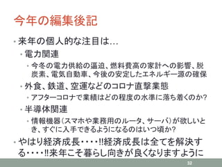 今年の編集後記
• 来年の個人的な注目は…
• 電力関連
• 今冬の電力供給の逼迫、燃料費高の家計への影響、脱
炭素、電気自動車、今後の安定したエネルギー源の確保
• 外食、鉄道、空運などのコロナ直撃業態
• アフターコロナで業績はどの程度の水準に落ち着くのか?
• 半導体関連
• 情報機器（スマホや業務用のルータ、サーバ）が欲しいと
き、すぐに入手できるようになるのはいつ頃か?
• やはり経済成長・・・・!!経済成長は全てを解決す
る・・・・‼来年こそ暮らし向きが良くなりますように
32
 