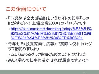この企画について
• 「市況かぶ全力2階建」というサイトの記事「この
IRがすごい！上場企業20XX」のパロディです
• https://kabumatome.doorblog.jp/tag/%E3%81%
93%E3%81%AEIR%E3%81%8C%E3%81%99
%E3%81%94%E3%81%84%EF%BC%81
• 今年もIR（投資家向け広報）で実際に使われたグ
ラフを眺めましょう
• 正しく伝わるグラフを描くためのヒントになれば
• 楽しく学んで仕事に活かせれば最高ですよね?
4
 