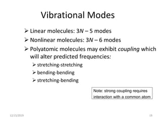 Vibrational Modes
 Linear molecules: 3N – 5 modes
 Nonlinear molecules: 3N – 6 modes
 Polyatomic molecules may exhibit coupling which
will alter predicted frequencies:
stretching-stretching
bending-bending
stretching-bending
12/15/2019 19
Note: strong coupling requires
interaction with a common atom
 