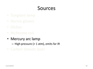 Sources
• Tungsten lamp
• Nernst glower
• Globar
• Nichrome coil
• Mercury arc lamp
– High pressure (> 1 atm), emits far IR
• Carbon dioxide laser
12/15/2019 35
 