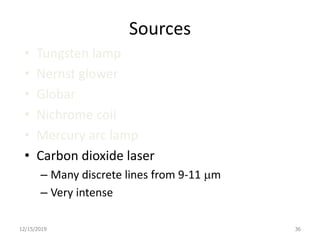 Sources
• Tungsten lamp
• Nernst glower
• Globar
• Nichrome coil
• Mercury arc lamp
• Carbon dioxide laser
– Many discrete lines from 9-11 mm
– Very intense
12/15/2019 36
 