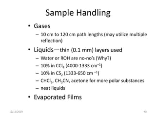 Sample Handling
• Gases
– 10 cm to 120 cm path lengths (may utilize multiple
reflection)
• Liquids—thin (0.1 mm) layers used
– Water or ROH are no-no’s (Why?)
– 10% in CCl4 (4000-1333 cm–1)
– 10% in CS2 (1333-650 cm –1)
– CHCl3, CH3CN, acetone for more polar substances
– neat liquids
• Evaporated Films
12/15/2019 40
 
