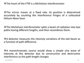 12/15/2019 54
The heart of the FTIR is a Michelson interferometer
The mirror moves at a fixed rate. Its position is determined
accurately by counting the interference fringes of a collocated
Helium-Neon laser.
The Michelson interferometer splits a beam of radiation into two
paths having different lengths, and then recombines them.
A detector measures the intensity variations of the exit beam as
a function of path difference.
A monochromatic source would show a simple sine wave of
intensity at the detector due to constructive and destructive
interference as the path length changes
 