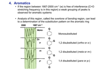 4. Aromatics
• If the region between 1667-2000 cm-1 (w) is free of interference (C=O
stretching frequency is in this region) a weak grouping of peaks is
observed for aromatic systems
• Analysis of this region, called the overtone of bending region, can lead
to a determination of the substitution pattern on the aromatic ring
Monosubstituted
1,2 disubstituted (ortho or o-)
1,2 disubstituted (meta or m-)
1,4 disubstituted (para or p-)
G
G
G
G
G
G
G
 