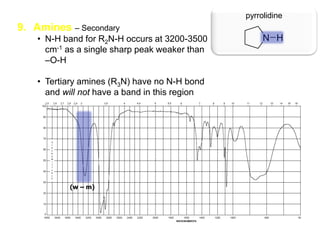 9. Amines – Secondary
• N-H band for R2N-H occurs at 3200-3500
cm-1 as a single sharp peak weaker than
–O-H
• Tertiary amines (R3N) have no N-H bond
and will not have a band in this region
pyrrolidine
(w – m)
 