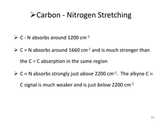 Carbon - Nitrogen Stretching
 C - N absorbs around 1200 cm-1
 C = N absorbs around 1660 cm-1 and is much stronger than
the C = C absorption in the same region
 C  N absorbs strongly just above 2200 cm-1. The alkyne C 
C signal is much weaker and is just below 2200 cm-1
89
 