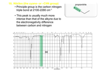 18. Nitriles (the cyano- or –C≡N group)
• Principle group is the carbon nitrogen
triple bond at 2100-2280 cm-1
• This peak is usually much more
intense than that of the alkyne due to
the electronegativity difference
between carbon and nitrogen
propionitrile
N
C
(s)
 