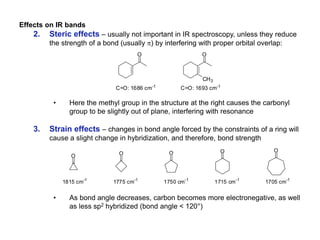 Effects on IR bands
2. Steric effects – usually not important in IR spectroscopy, unless they reduce
the strength of a bond (usually p) by interfering with proper orbital overlap:
• Here the methyl group in the structure at the right causes the carbonyl
group to be slightly out of plane, interfering with resonance
3. Strain effects – changes in bond angle forced by the constraints of a ring will
cause a slight change in hybridization, and therefore, bond strength
• As bond angle decreases, carbon becomes more electronegative, as well
as less sp2 hybridized (bond angle < 120°)
O
C=O: 1686 cm-1
O
C=O: 1693 cm-1
CH3
O O O O O
1815 cm-1
1775 cm-1
1750 cm-1
1715 cm-1
1705 cm-1
 