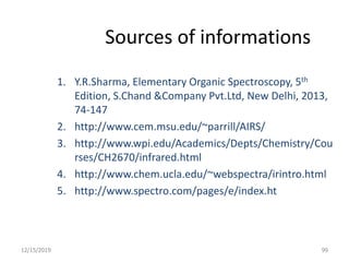 Sources of informations
1. Y.R.Sharma, Elementary Organic Spectroscopy, 5th
Edition, S.Chand &Company Pvt.Ltd, New Delhi, 2013,
74-147
2. http://www.cem.msu.edu/~parrill/AIRS/
3. http://www.wpi.edu/Academics/Depts/Chemistry/Cou
rses/CH2670/infrared.html
4. http://www.chem.ucla.edu/~webspectra/irintro.html
5. http://www.spectro.com/pages/e/index.ht
12/15/2019 99
 