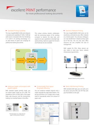 Print
UFR II
(LT) InterpreterPrinter driver
HOST PRINTER
Graphic processing
Page layout
Image processing
Standard Printing Capability
The new imageRUNNER 2500 series features
a standard print capability of 1200 x 1200 dpi
with Canon’s innovative Ultra Fast Rendering
II LT (UFR II LT) printing technology. It is
an ideal blend of speed and simplicity for
professional looking documents.
This unique printing solution collaborates
with the processing power of the sending
computer to balance the data load, and
augment its own capabilities to facilitate high
speed printing. Optional support for PCL5e/6
and PostScript are also available.
Halve your paper consumption with
duplex outputs
With standard duplex printing mode, you
can reduce paper usage by up to 50%. This
capability to print on both sides of the paper
helps save resources and the environment,
making it an essential feature in the office.
Customizable Print Layout
for greater efficiency
You can condense multiple originals onto a
single copy with this page layout feature. This
lets you print from 2 to 16 pages onto a single
sheet to dramatically reduce the amount of
paper used.
Direct USB Memory Printing
With standard USB input, you can walk up to
the device and print JPEG and TIFF files with
your thumbdrive on the spot.
Seamless Network Printing
The new imageRUNNER 2500 series can be
seamlessly connected to your office network
as a shared system. You and your colleagues
can now benefit from network printing right
out of the box. This not only saves office
resources but also simplifies the ease of
management.
With support for IPv6, these devices are
also ready to meet your future network
infrastructure requirements.
Print two pages on a single piece of
paper to save precious resources
excellent PRINT performance
for more professional looking documents
Standard network printing capability
 