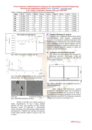 Vivek Vanamane, Santhosh kumar B, Nataraj J. R./ International Journal of Engineering
           Research and Applications (IJERA) ISSN: 2248-9622 www.ijera.com
                  Vol. 2, Issue 5, September- October 2012, pp. 1550-1556
Table: 1 Chemical composition of different version of Ni based alloys.
    Alloy     Ni %     Fe %        Mo %       Co %       Cu %      Mn %        Ti %       Al %       C%
    1S        39.999 22            20         Nil        10        6.5         1          0.5        0.001
    2H        43.499 25            20         Nil        10        Nil         1          0.5        0.001
    3N        43.499 25            10         10         10        0           1          0.5        0.001
    4S        43.499 23            10         10         10        2           1          0.5        0.001
    5N        43.499 23            6          14         10        2           1          0.5        0.001
    6N        43.499 23            8          12         10        2           1          0.5        0.001
    7S        43.499 23            12         8          10        2           1          0.5        0.001
    8N        43.499 23            14         6          10        2           1          0.5        0.001

                                                          5. Thermo-Mechanical Analysis
                                                               In this section, a sequential thermo-elastic plastic
                                                          three-dimensional finite element computational
                                                          procedure is developed to calculate temperature field,
                                                          residual stresses and distortions. The procedure begins
                                                          with a nonlinear transient thermal analysis and the
                                                          temperature histories are applied as thermal loads in a
                                                          nonlinear transient structural analysis to obtain the
                                                          residual stresses and distortions.

                                                          6. Specimen and Material Properties
fig 4: DSC cooling curve of Alloy type 1S                      fig. 7 shows two plate sections that are joined by
                                                          a single-pass butt-weld. The length, width and
                                                          thickness of the plate are assumed to be 140, 300 and
                                                          5 mm, respectively [10].




fig 5: The XRD analysis of the 1S alloy confirms the
presence of Ni, Mo, Mn, Cu, Fe alloying elements.


                                                          fig. 7 Shows two plate sections that are joined by a
                                                          single-pass butt-weld

                                                                   Both thermal and mechanical material
                                                          properties of 304 Stainless Steel were considered to
                                                          be temperature-dependent and are given in Table 2.
                                                          The thermal and mechanical properties of the 8 alloys
a)As cast                   b) Solution Treated           were obtained using JMAT Pro (Materials simulation
fig 6: SEM Microstructures of Alloy                       software) and are given in the figures 8-11.

          Patches of lamellae, are clearly resolved at
higher magnifications. In fig 6 Light, globular
particles are M6C; gray particles are MC carbide.
Structures consist of nickel-rich γ solid-solution
matrix containing a few light-etching carbide particles
and dispersed γ'. JMatPro also indicates the presence
of M6C phase and MC carbide as shown in fig 1 for
1S alloy.



                                                                                                  1552 | P a g e
 