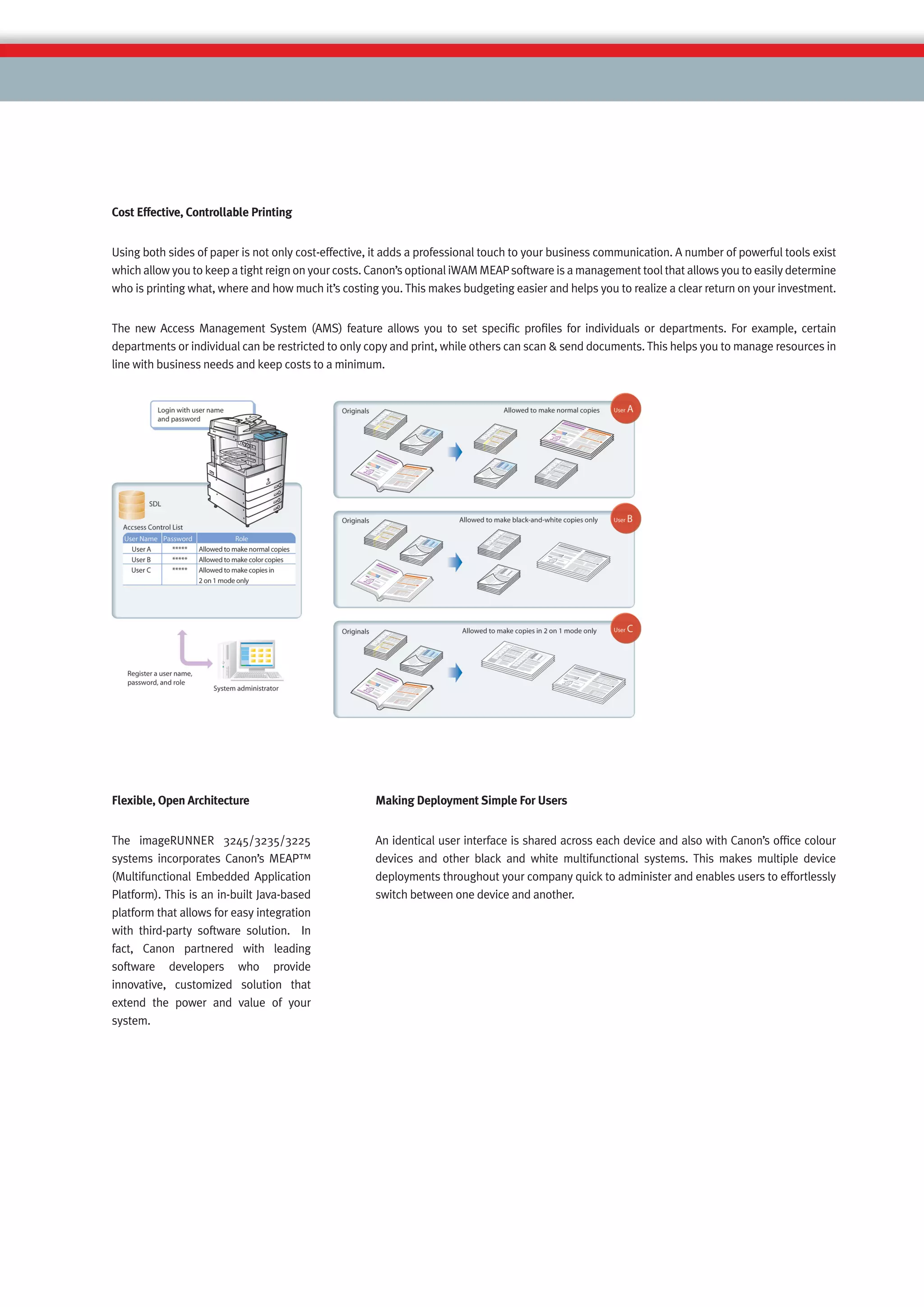 Cost Effective, Controllable Printing


Using both sides of paper is not only cost-effective, it adds a professional touch to your business communication. A number of powerful tools exist
which allow you to keep a tight reign on your costs. Canon’s optional iWAM MEAP software is a management tool that allows you to easily determine
who is printing what, where and how much it’s costing you. This makes budgeting easier and helps you to realize a clear return on your investment.


The new Access Management System (AMS) feature allows you to set speciﬁc proﬁles for individuals or departments. For example, certain
departments or individual can be restricted to only copy and print, while others can scan & send documents. This helps you to manage resources in
line with business needs and keep costs to a minimum.




Flexible, Open Architecture                          Making Deployment Simple For Users


The imageRUNNER 3245/3235/3225                       An identical user interface is shared across each device and also with Canon’s ofﬁce colour
systems incorporates Canon’s MEAP™                   devices and other black and white multifunctional systems. This makes multiple device
(Multifunctional Embedded Application                deployments throughout your company quick to administer and enables users to effortlessly
Platform). This is an in-built Java-based            switch between one device and another.
platform that allows for easy integration
with third-party software solution. In
fact, Canon partnered with leading
software developers who provide
innovative, customized solution that
extend the power and value of your
system.
 