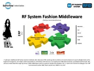 Software e Servizi per l’AbbigliamentoEtichette RFID da Lotti di ProduzioneWEBTrackingRilevazione Ingressi Capi da ProduttoriRilevazione Uscite verso Clienti e/o produzione 
READERS 
PLC 
VOICE 
IO CARDS 
WEB 
MOBILE 
ERP 
(Sku) RF System Fashion Middleware 
(Tid/EpcSerial Identification) 
Il software middleware RfFashion System è dedicato alla rilevazione RFID ed alla gestione dei flussi di movimentazioni di capi di abbigliamento nella logistica di magazzino, nel retaile nella tracciabilità. In architettura client/server e con applicazioni Web Based, basato su piattaforma Microsoft .Net, utilizza un Data Base Microsoft SqlServer (2005-2008-Express) ed è in grado di interfacciare Readers, PLC, e sistemi di IO nonché di dialogare con ERP via connessioni native DB2, Oracle, SqlServer, ODBC o Csv, Xml  