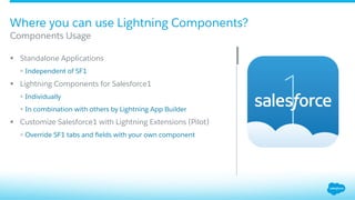 Where you can use Lightning Components?
§  Standalone Applications
§  Independent of SF1
§  Lightning Components for Salesforce1
§  Individually
§  In combination with others by Lightning App Builder
§  Customize Salesforce1 with Lightning Extensions (Pilot)
§  Override SF1 tabs and ﬁelds with your own component
​ Components Usage
 