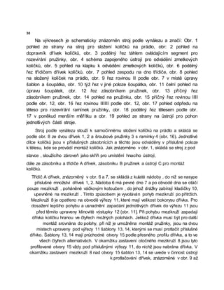 30
Na výkresech je schematicky znázorněn stroj podle vynálezu a značí: Obr. 1
pohled ze strany na stroj pro složení kolíčků na prádlo, obr: 2 pohled na
dopravník dřívek kolíčků, obr. 3 podélný řez táhlem ovládajícím segment pro
rozevírání pružinky, obr. 4 schéma zapojeného ústrojí pro odvádění zmetkových
kolíčků, obr. 5 pohled na klapku k odvádění zmetkových kolíčků, obr. 6 podélný
řez třídičem dřívek kolíčků, obr. 7 pohled zespodu na dno třídiče, obr. 8 pohled
na složený kolíček na prádlo, obr. 9 řez rovinou II podle obr. 7 v místě úpravy
šablon a šoupátka, obr. 10 týž řez v jiné poloze šoupátka, obr. 11 čelní pohled na
úpravu šoupátek, obr. 12 řez zásobníkem pružinek, obr. 13 příčný řez
zásobníkem pružinek, obr. 14 pohled na pružinku, obr. 15 příčný řez rovinou IIII
podle obr. 12, obr. 16 řez rovinou IIIIII podle obr. 12, obr. 17 pohled odpředu na
těleso pro rozevírání ramínek pružinky, obr. 18 podélný řez tělesem podle obr.
17 v poněkud menším měřítku a obr. 19 pohled ze strany na ústrojí pro pohon
jednotlivých částí stroje.
Stroj podle vynálezu slouží k samočinnému složení kolíčků na prádlo a skládá se
podle obr. 8 ze dvou dřívek 1, 2 a šroubové pružinky 3 s ramínky 4 (obr. 16). Jednotlivé
dílce kolíčků jsou v příslušných zásobnících a těchto jsou odváděny v příslušné poloze
k tělesu, kde se provádí montáž kolíčků. Jak znázorněno v obr. 1, skládá se stroj z pod
stavce , sloužícího zároveň jako skříň pro umístění hnacího ústrojí,
dále ze zásobníku a třídiče A dřívek, zásobníku B pružinek a ústrojí C pro montáž
kolíčků.
Třídič A dřívek, znázorněný v obr. 6 a 7, se skládá z kulaté nádoby , do níž se nasype
příslušné množství dřívek 1, 2. Nádoba 6 má pevné dno 7 a po obvodě dna se otáčí
pouze mezikruží , poháněné váčkovým kotoučem , do jehož drážky zabírají kladičky 10,
upevněné na mezikruží . Tímto způsobem je vyvoláván pohyb mezikruží po přítržích.
Mezikruží 8 je opatřeno na obvodě výřezy 11, které mají velikost bokorysu dřívka. Pro
dosažení lepšího pohybu a usnadnění zapadání jednotlivých dřívek do výřezu 11 jsou
před těmito upraveny klínovité výstupky 12 (obr. 11]. Při pohybu mezikruží zapadají
dřívka kolíčku hranou ve čtyřech možných polohách. Jelikož dřívka musí být pro další
montáž srovnána do polohy, při níž je umožněna montáž pružinky, jsou na dvou
místech upraveny pod výřezy 11 šablony 13, 14, kterými se musí protlačit příslušné
dřívko. Šablony 13, 14 mají průchodné otvory 15 podle přesného profilu dřívka, a to ve
všech čtyřech alternativách. V okamžiku zastavení otočného mezikruží 8 jsou tyto
profilované otvory 15 vždy pod příslušnými výřezy 11, do nichž jsou nabrána dřívka. V
okamžiku zastavení mezikruží 8 nad otvory 15 šablon 13, 14 se uvede v činnost ústrojí
k protlačování dřívek, znázorněné v obr. 9 až
 