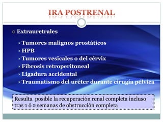  Extrauretrales
Tumores malignos prostáticos
HPB
Tumores vesicales o del cérvix
Fibrosis retroperitoneal
Ligadura accidental
Traumatismo del uréter durante cirugía pélvica
Resulta posible la recuperación renal completa incluso
tras 1 ó 2 semanas de obstrucción completa
 