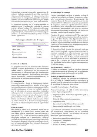 Acta Med Per 27(4) 2010 295
Por otro lado es necesario reducir los requerimientos de
oxígeno. La fiebre, agitación, la actividad respiratoria
vigorosa, sobrealimentación y la sepsis son observados
con frecuencia en estos pacientes, y pueden incrementar
de forma llamativa los requerimientos de oxígeno. Deben
realizarse medidas agresivas para evitar estos estímulos.
Es importante recordar que el oxígeno aportado es
calculado como el producto del contenido de oxígeno
arterial y del gasto cardíaco. Por lo tanto, es posible tratar
la hipoxemia no sólo por elevación de la concentración de
oxígeno inspirado, sino también incrementando el gasto
cardíaco o la concentración de hemoglobina si existiera
anemia significativa.
Métodos para administración de oxígeno
Método Máximo alcanzado %
Catéter Nasofaríngeo 50%
Cánula Nasal 28-40%
Máscara con reservorio 70-95%
Máscara Venturi 24-50%
Cámara Cefálica o Hood 70-90%
Control de la eficacia
Lo que pretendemos con esta premisa es saber si estamos
logrando lo que nos proponemos o no. Evidentemente el
control clínico es el primero que nos dará información:
¿han mejorado los síntomas y signos que estimamos son
causados por la hipoxemia?, paralelamente se puede hacer
uso del seguimiento y control con pulsioximetría y en
definitiva con un análisis de gases arteriales.
La pulsioximetría:
Un control sencillo y directo se logra con estos equipos,
que con los avances tecnológicos actuales, se han vuelto
más confiables y seguros, siendo completamente portátiles,
de diferentes tamaños, así como con múltiples opciones
para la colocación de sensores auriculares o digitales,
se han convertido en elementos imprescindibles para la
monitorización y manejo de la insuficiencia respiratoria
prehospitalaria4
. No nos informa de la pCO2
ni del pH.
Por sus características debe ser empleado como sistema
de control habitual de la eficacia de la oxigenoterapia,
sin excluir las indicaciones ya señaladas de la gasometría
arterial1
.
Gases arteriales:
Otra forma de control es la gasometría arterial que es
indispensable en la evaluación del paciente critico, más
aun si éste sufre de insuficiencia respiratoria grave o
que retiene CO2
, ya que nos permitirá una precisión
diagnóstica, continuar con el seguimiento y evaluar el
resultado de nuestras acciones terapéuticas; también la
haremos antes de pasar el enfermo al especialista pertinente
para su ingreso, a fin de que haya constancia documental
del estado del paciente9
.
Ventilación (b: breathing)
Una vez controlada la vía aérea, se pasará a verificar el
estado de la ventilación, se buscará signos de gravedad,
tales como cianosis, trastornos de conciencia o de
conducta, disnea, la frecuencia respiratoria, el tipo de
patrón ventilatorio y definiremos si requiere de suplemento
de oxígeno o además de soporte ventilatorio, el que
inicialmente se podrá administrar con sistema de máscara-
válvula-bolsa (MVB) oAMBU, para luego si es necesario
instrumentar la vía aérea y dar asistencia con ventilación
mecánica, ver algoritmo de atención Figura 6.
Cuando se da soporte ventilatorio con MVB es importante
elegir el tamaño de máscara más adecuado al paciente,
ya que ésta debe ubicarse entre el puente de la nariz y
el mentón, de tal forma que la boca y las fosas nasales
reciban el flujo eficientemente, manteniendo una presión
y posición tal, que impida la fuga del soporte ventilatorio
administrado al comprimir la bolsa.
El dispositivo MVB permite dar asistencia tanto en
soporte básico, conectado a una máscara, como en soporte
avanzado conectado a un tubo orotraqueal o máscara
laringea o combitubo; en ambas situaciones debe estar
con oxígeno a 15 litros de flujo, se debe suministrar
suficiente presión en la bolsa para liberar un promedio de
6 a 8 ml. por kg. de peso, por ejemplo 500 a 600 ml por
vez, asegurando una frecuencia respiratoria de soporte de
12 a 15 por minuto.
Hospital de nivel I y nivel II11
,
El manejo se realiza en la Unidad de Vigilancia Intensiva
y en general es similar al delineado para las unidades de
cuidados intensivos de los Hospitales de nivel III.
Manejo en el hospital de nivel III 11
,
El manejo del paciente con insuficiencia respiratoria se
da en la Unidad de Cuidados Intensivos; sin embargo la
atención inicial de estos pacientes puede darse en la unidad
de hospitalización ó en otras áreas críticas.
Unidad de Hospitalización o Área Crítica
Para su transferencia a la UCI, el médico intensivista
evaluará el paciente para definir:
•	 La presencia de la insuficiencia respiratoria aguda y
su severidad
•	 El tipo de falla respiratoria y mecanismos
•	 La probable causa
•	 Las condiciones ó problemas clínicos asociados
•	 La necesidad de transferencia a la Unidad
El paciente debe contar para la evaluación inicial, siempre
que la urgencia del caso lo permita, con una gasometría
y una radiografía actuales. Otros exámenes con los que
debe contar el paciente incluyen:
•	 Electrolitos, especialmente sodio, potasio
•	 Hemograma y hemoglobina
•	 Glicemia, creatinina
•	 Balance de fluidos y débito urinario
Fernando R. Gutiérrez Muñoz
 